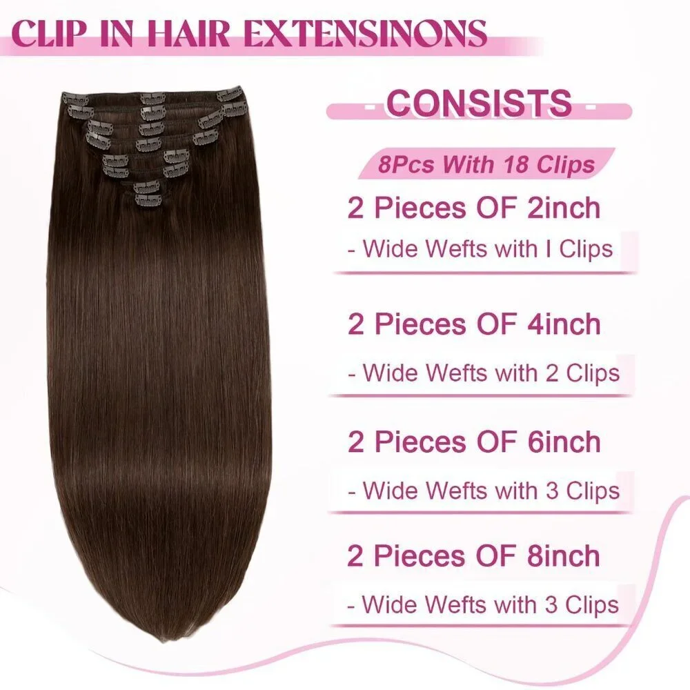 Clip in Hair Extensions Human Hair 22in 110g Remy Natural Long Straight